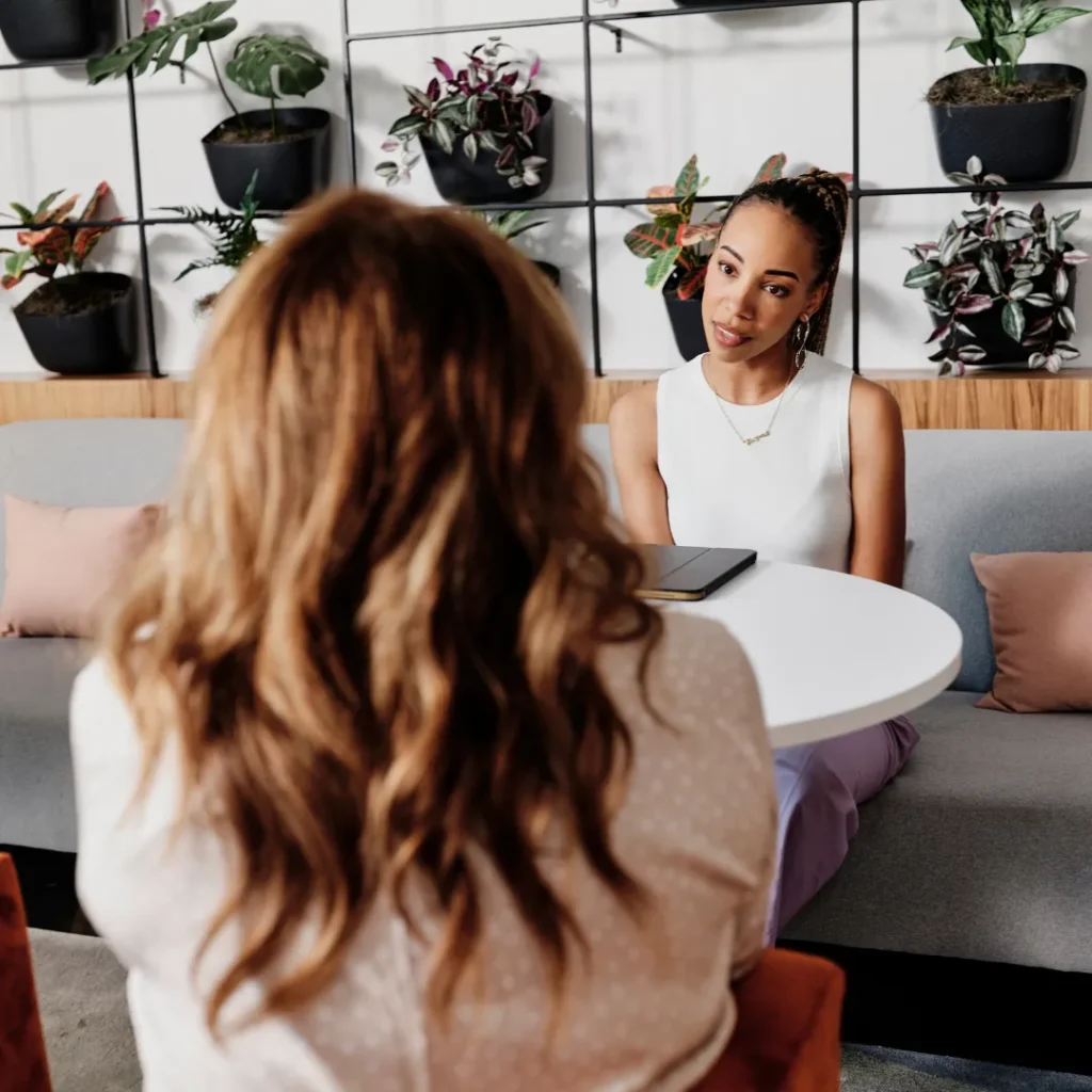 Woman sits in an job interview