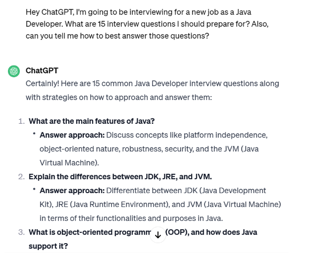 Screenshot of Java Developer interview questions generated by ChatGPT