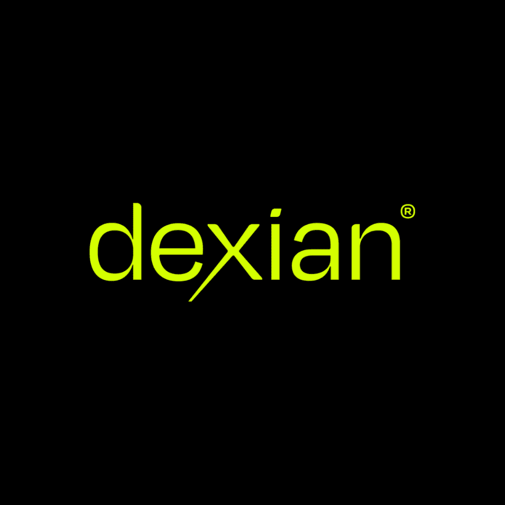 The yellow Dexian logo on a black background