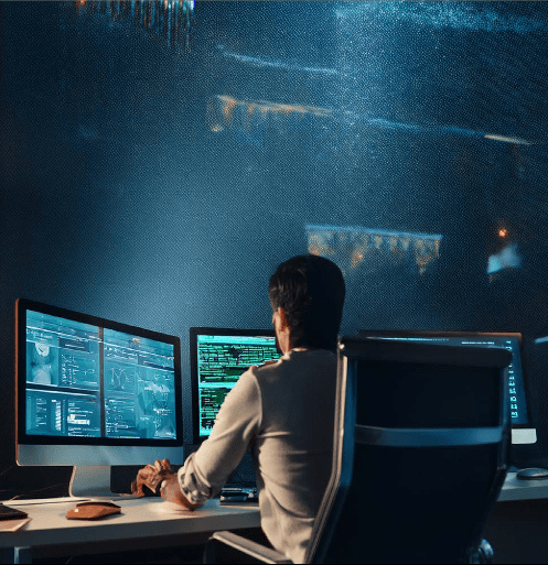 Worker at his job at a cybersecurity firm.