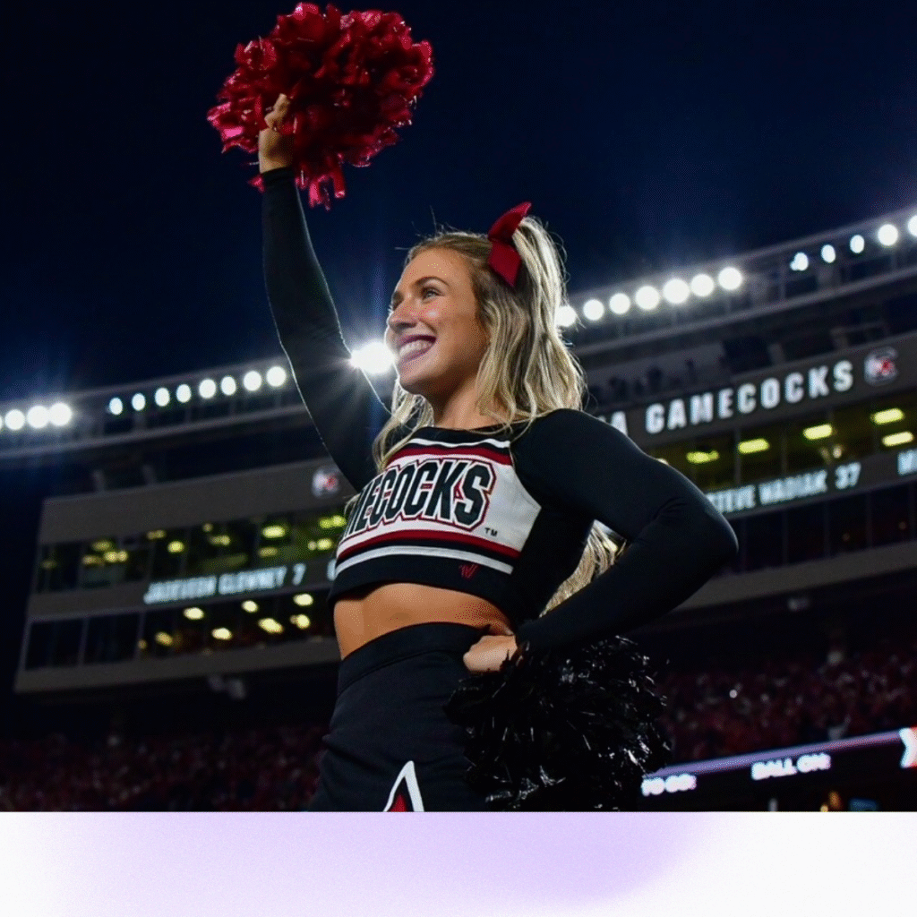 Cheerleader performing at a college football stadium representing teamwork, school spirit, and community culture