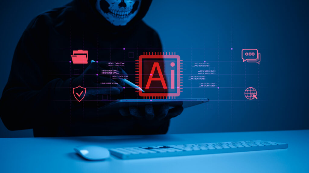 AI cybersecurity concept featuring a hacker using artificial intelligence to breach systems, highlighting digital threats and data security risks.